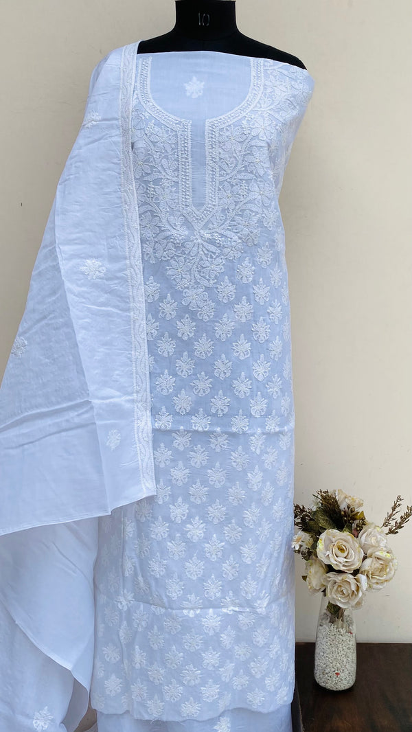 Lucknowi Chikankari Suit Length 3 Piece White Cotton With Embroidered Cotton Dupatta