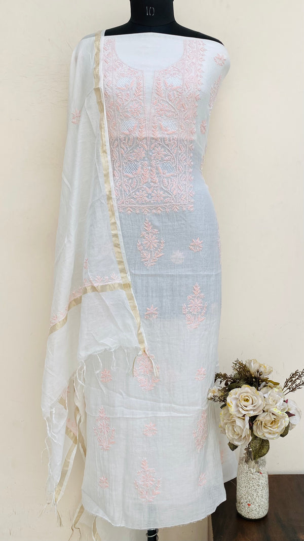 Lucknowi Chikankari Suit Length 2 Piece White Mal Chanderi With Cutdana Work