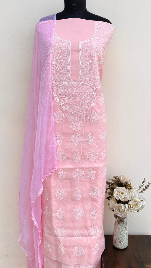 Lucknowi Chikankari Suit Length 3 Piece Pink Cotton
