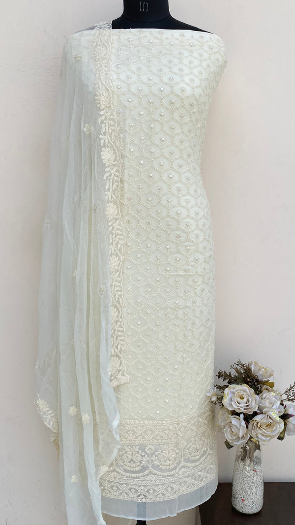 Chikankari Suit Length 3 Piece Cream Georgette With Sequence & Cutdana Work