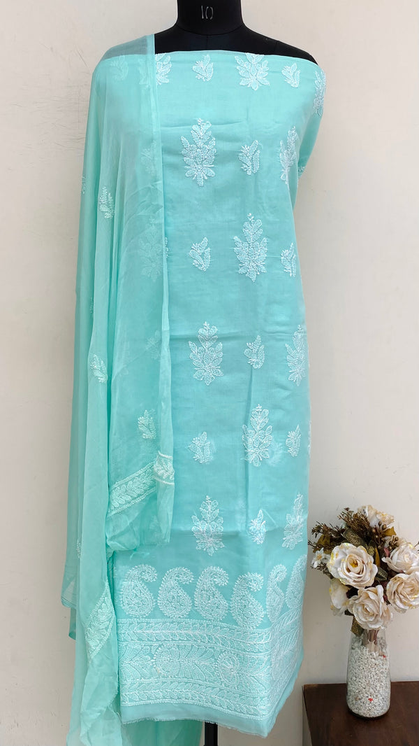 Lucknowi Chikankari Suit Length 3 Piece Sea Green Cotton