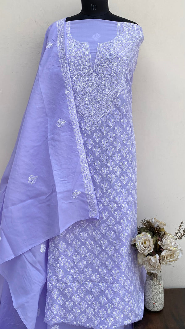 Lucknowi Chikankari Suit Length 3 Piece Purple Cotton With Embroidered Cotton Dupatta