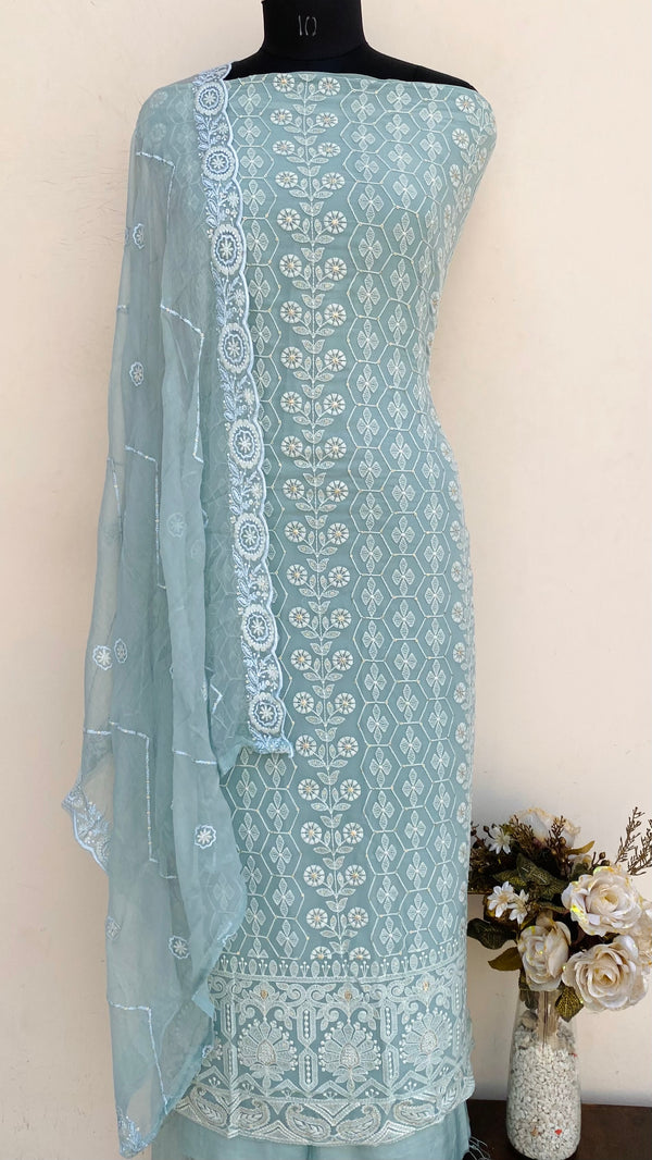 Chikankari Suit Length 3 Piece Aqua Blue Georgette With Sequence Work