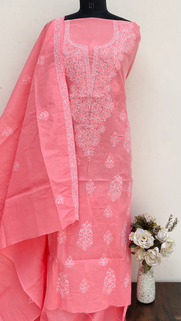 Lucknowi Chikankari Suit Length 3 Piece Pink Cotton With Embroidered Cotton Dupatta