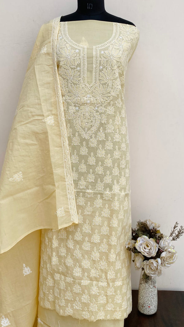 Lucknowi Chikankari Suit Length 3 Piece Beige Cotton With Embroidered Cotton Dupatta