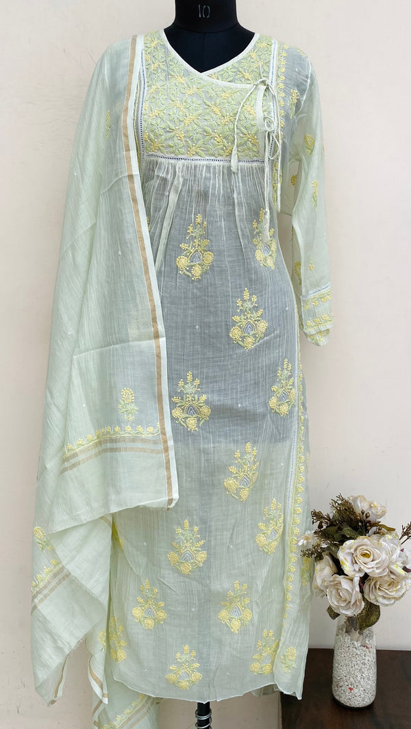Lucknowi Chikankari Semi-Stitched Angrakha Suit Length 2 Piece Green Mal Chanderi With Cutdana Work