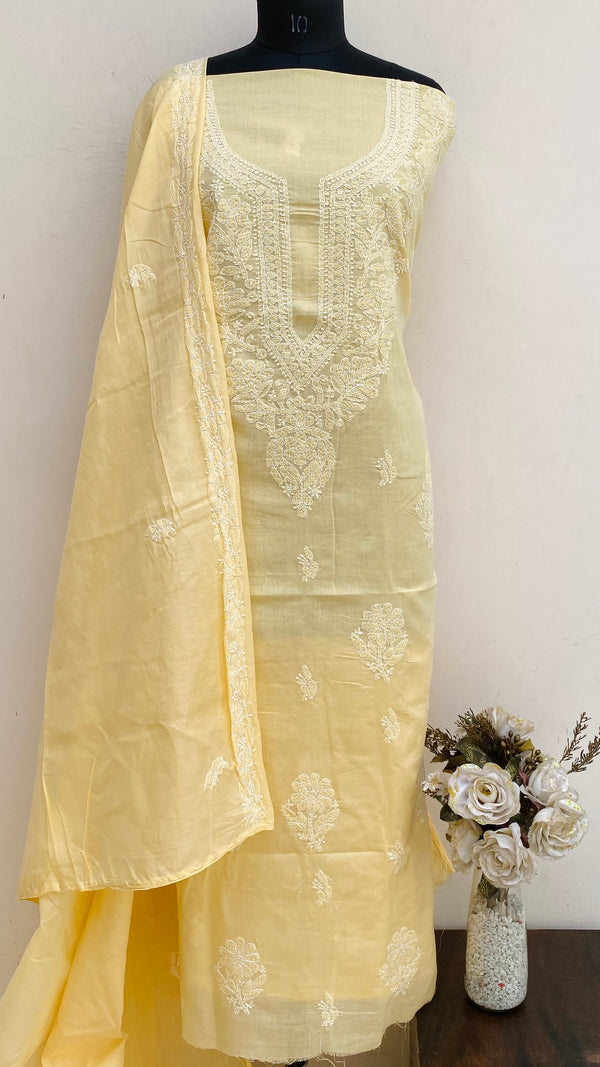 Lucknowi Chikankari Suit Length 3 Piece Beige Cotton With Embroidered Cotton Dupatta