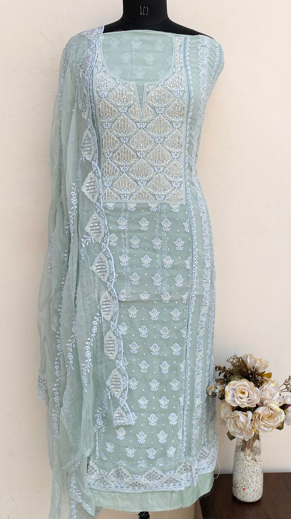 Chikankari Suit Length 3 Piece Green Georgette With Sequence & Cutdana Work