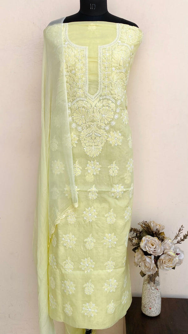 Lucknowi Chikankari Suit Length 3 Piece Green Cotton