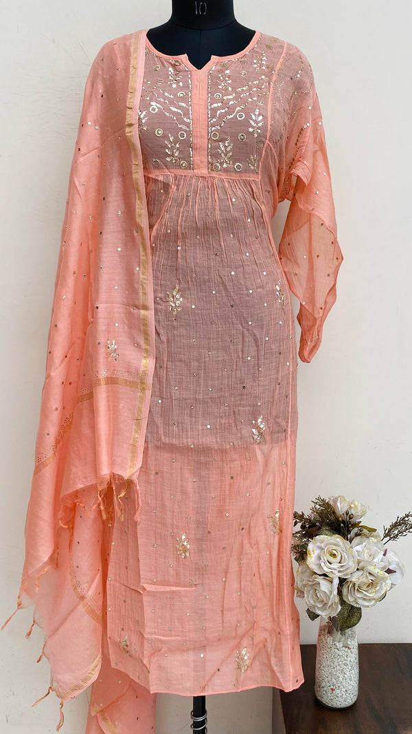 Lucknowi Chikankari Semi-Stitched Suit Length 2 Piece Peach Mal Chanderi With Mukaish Work
