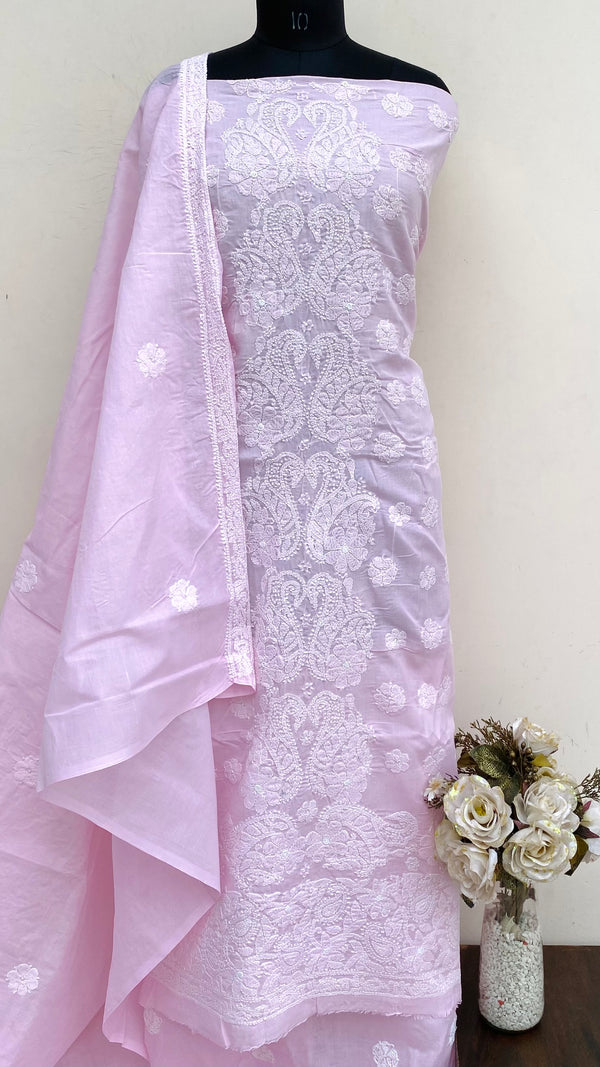 Lucknowi Chikankari Suit Length 3 Piece Pink Cotton With Embroidered Cotton Dupatta
