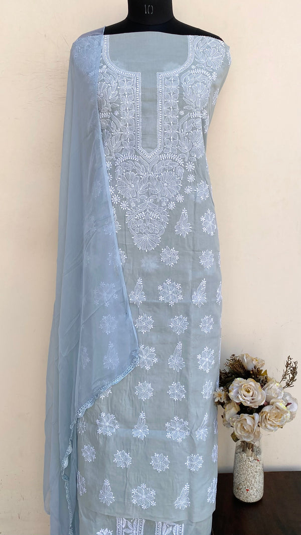 Lucknowi Chikankari Suit Length 3 Piece Gray Cotton