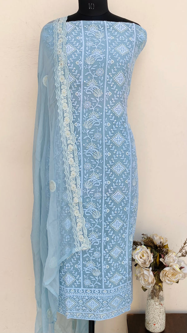 Chikankari Suit Length 3 Piece Gray Georgette With Sequence Work