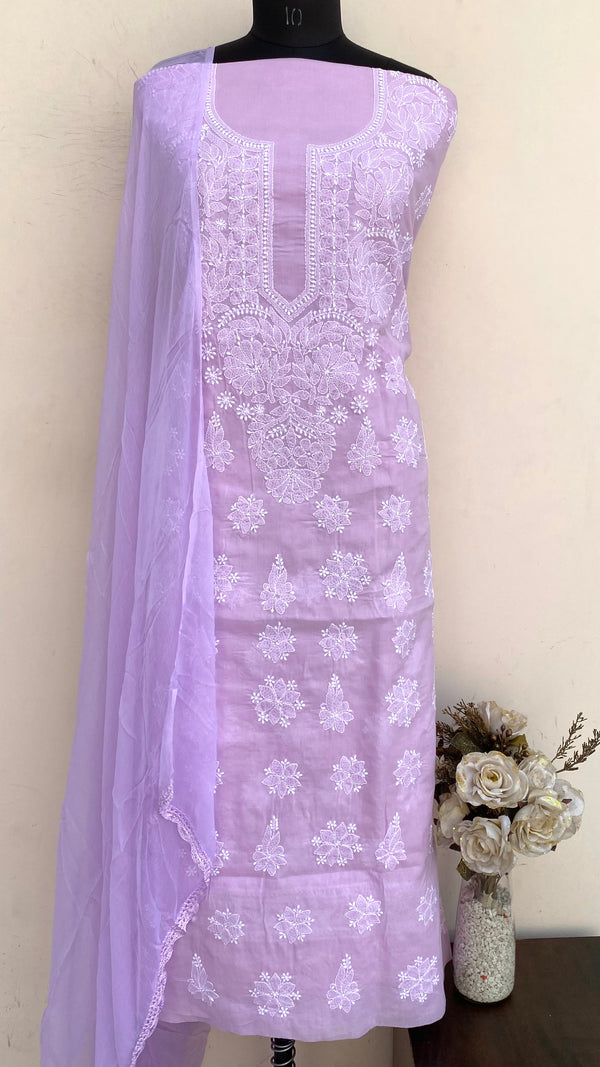 Lucknowi Chikankari Suit Length 3 Piece Purple Cotton