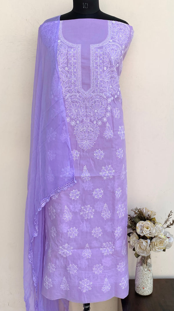 Lucknowi Chikankari Suit Length 3 Piece Purple Cotton