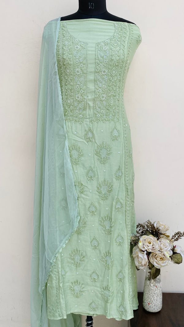 Lucknowi Chikankari Suit Length 2 Piece Green Muslin With Pearl & Cutdana Work