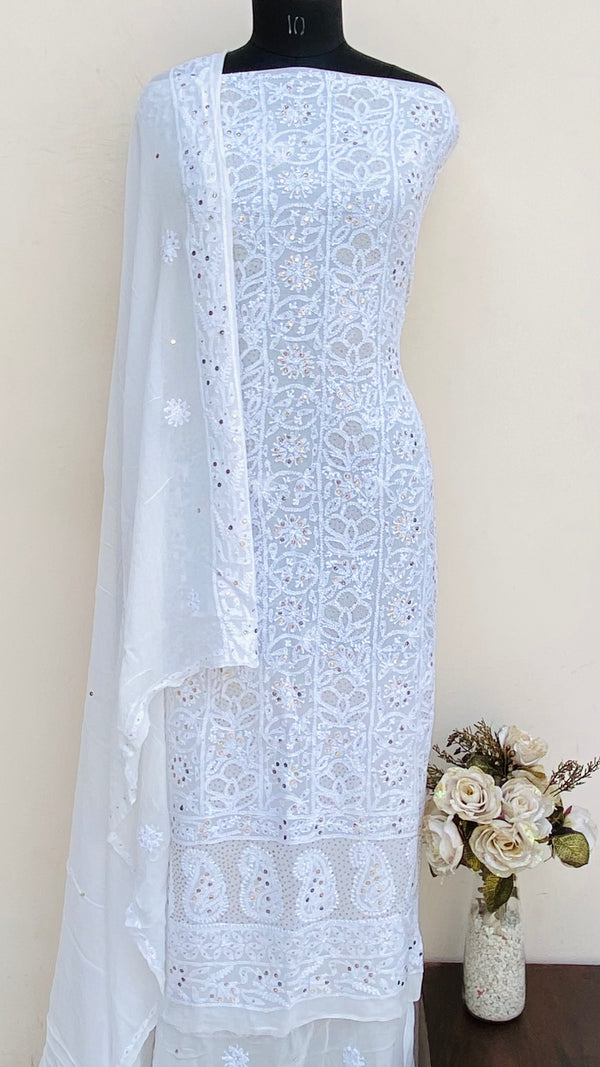 Lucknowi Chikankari Suit Length 2 Piece White Pure Georgette With Mukaish Work
