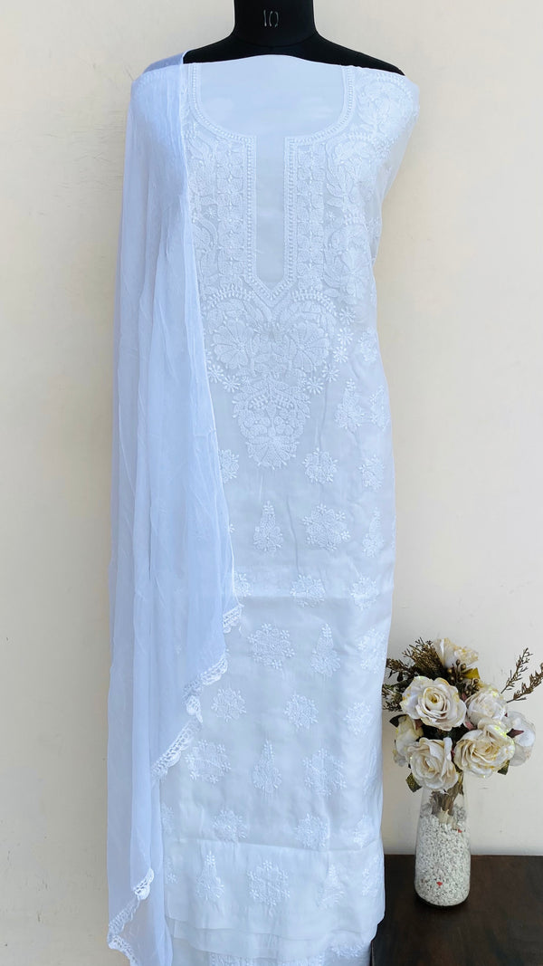 Lucknowi Chikankari Suit Length 3 Piece White Cotton