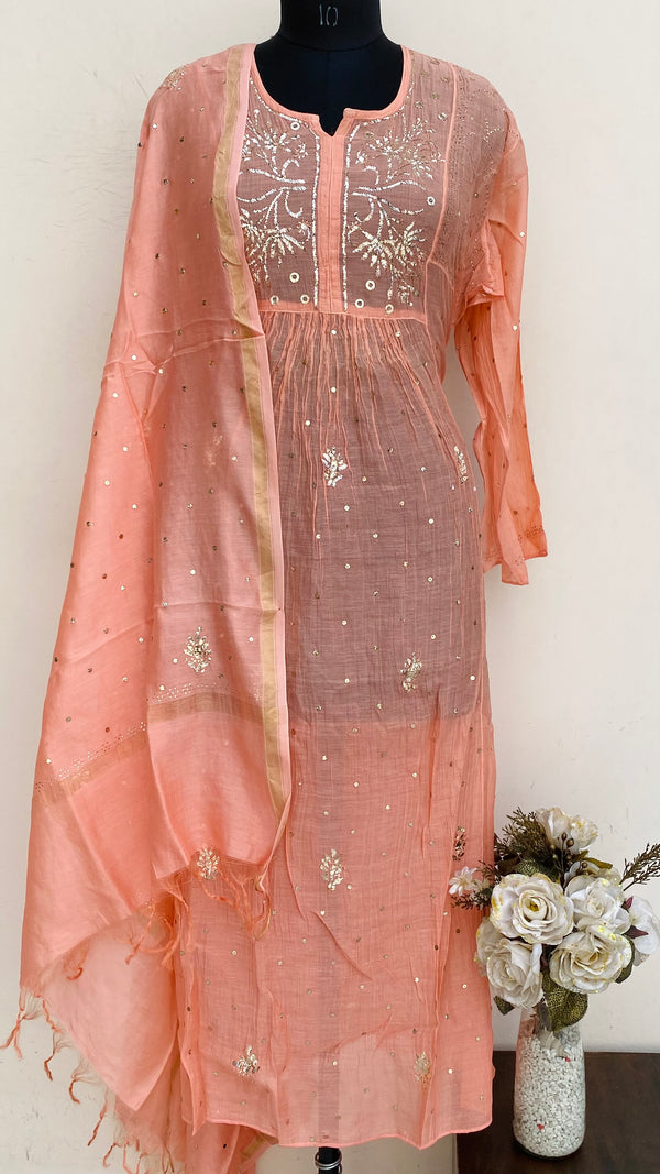 Lucknowi Chikankari Semi-Stitched Suit Length 2 Piece Peach Mal Chanderi With Mukaish Work