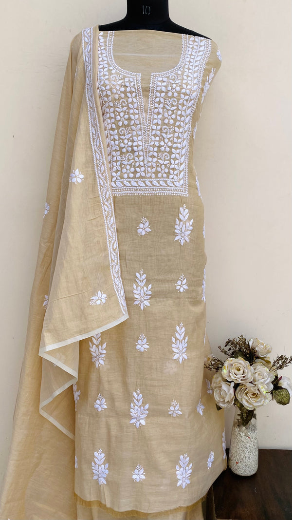 Lucknowi Chikankari Suit Length 2 Piece Beige Tissue