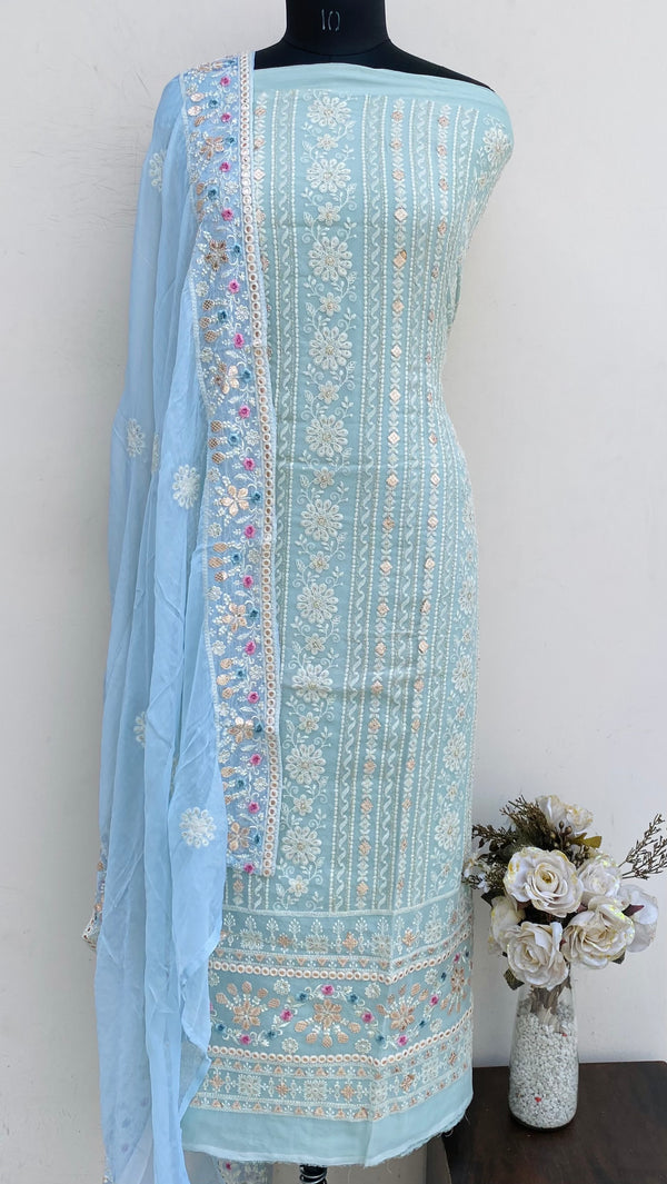 Chikankari Suit Length 3 Piece Green Georgette With Sequence Work