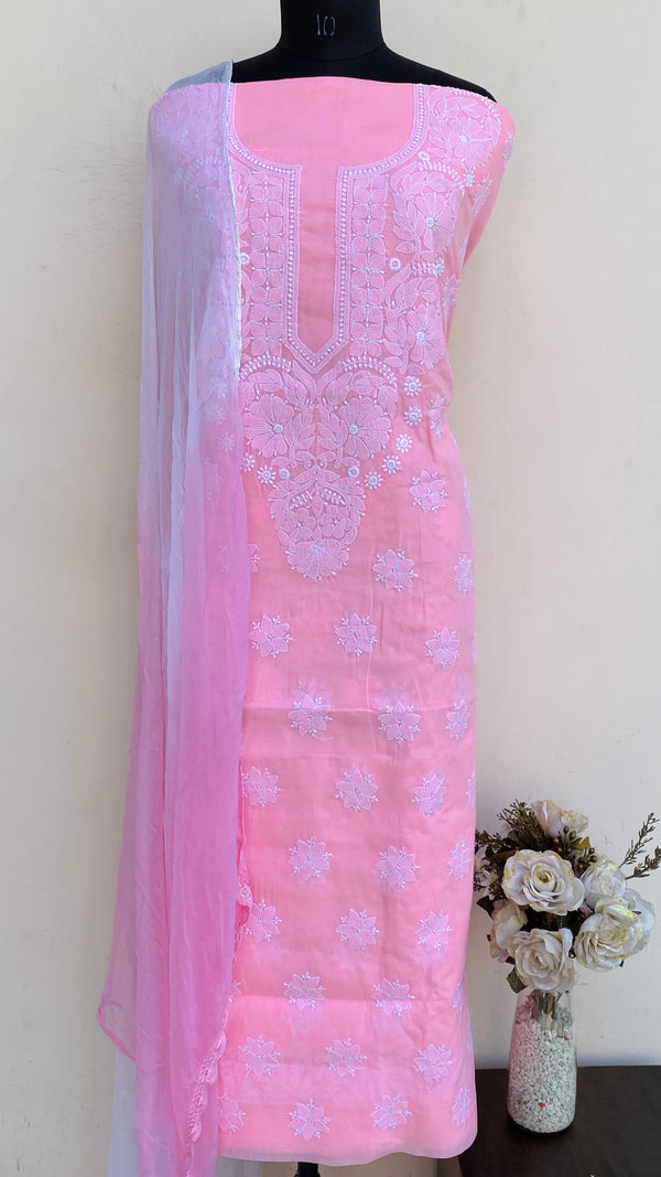 Lucknowi Chikankari Suit Length 3 Piece Pink Cotton