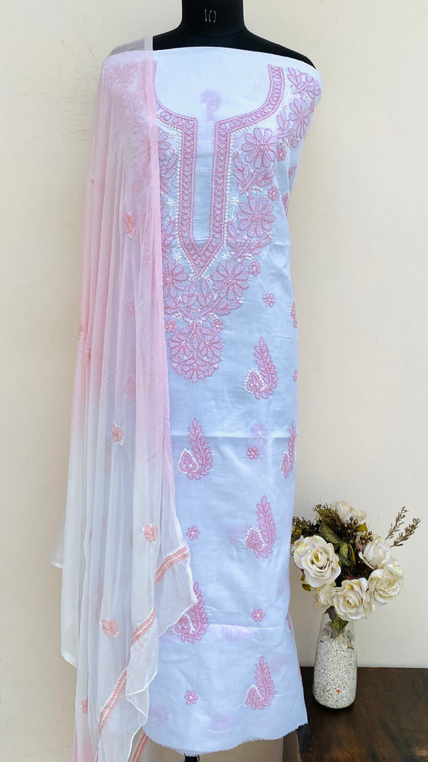 Lucknowi Chikankari Suit Length 3 Piece White Cotton