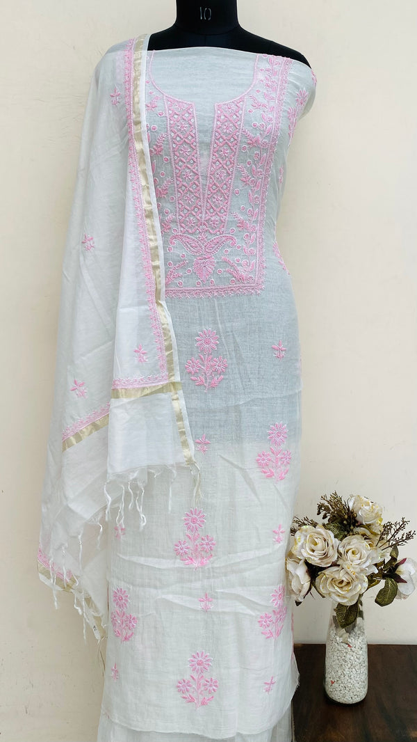 Lucknowi Chikankari Suit Length 2 Piece White Mal Chanderi With Cutdana Work