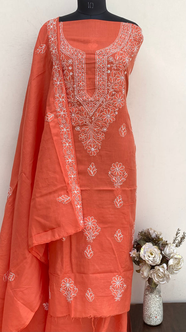 Lucknowi Chikankari Suit Length 3 Piece Rust Cotton With Embroidered Cotton Dupatta