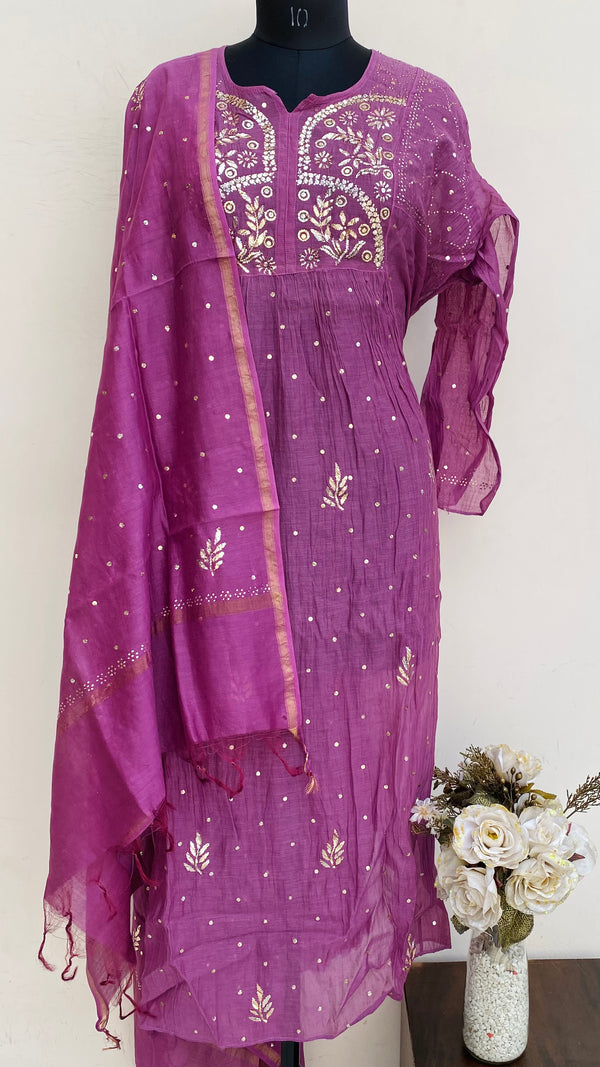 Lucknowi Chikankari Semi-Stitched Suit Length 2 Piece Wine Mal Chanderi With Mukaish Work