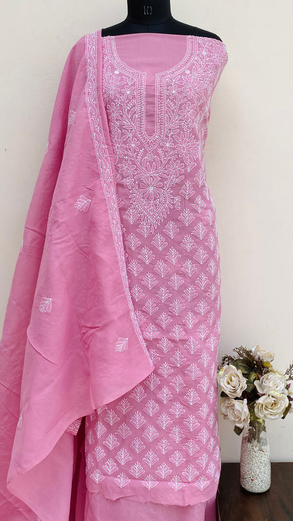 Lucknowi Chikankari Suit Length 3 Piece Pink Cotton With Embroidered Chiffon Dupatta
