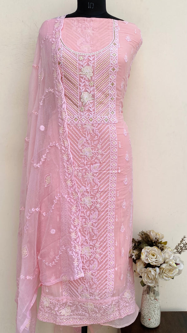Chikankari Suit Length 3 Piece Pink Georgette With Sequence & Mukaish Work