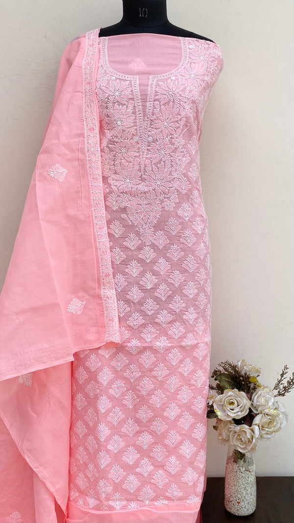 Lucknowi Chikankari Suit Length 3 Piece Pink Cotton With Embroidered Chiffon Dupatta