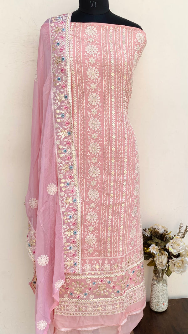 Chikankari Suit Length 3 Piece Pink Georgette With Sequence Work