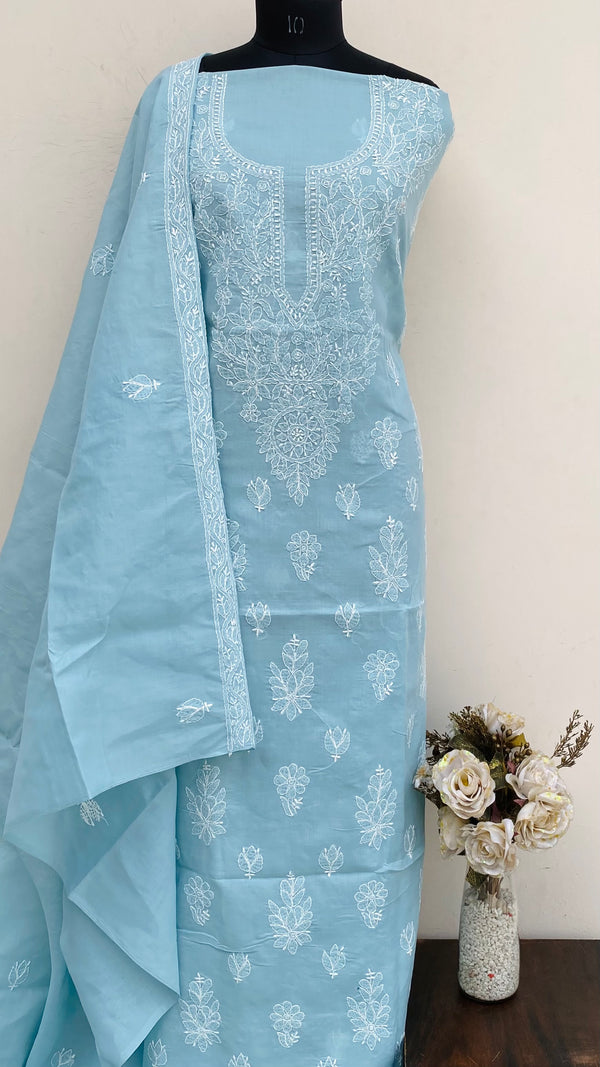 Lucknowi Chikankari Suit Length 3 Piece Gray Cotton With Embroidered Cotton Dupatta
