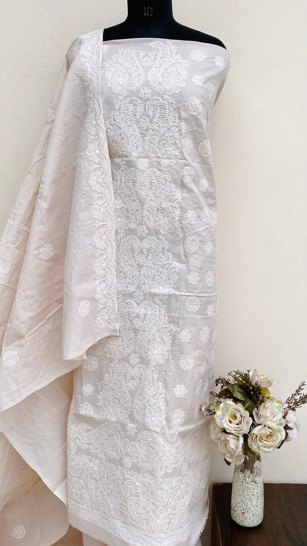 Lucknowi Chikankari Suit Length 3 Piece Skin Colour Cotton With Embroidered Cotton Dupatta