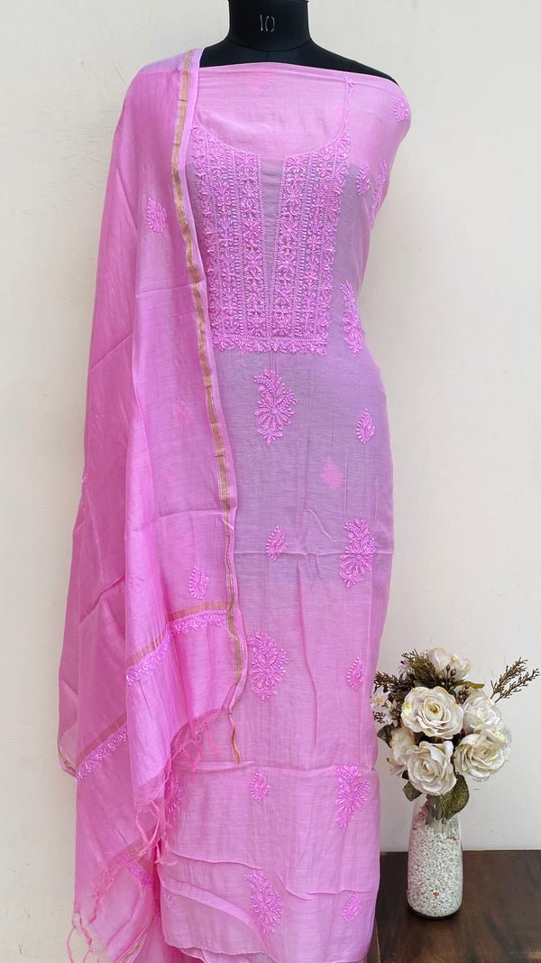 Lucknowi Chikankari Suit Length 2 Piece Pink Mal Chanderi With Pearl & Sequence Work