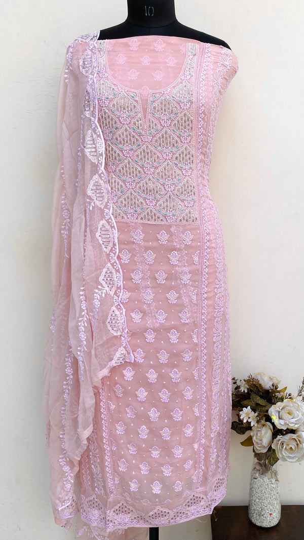 Chikankari Suit Length 3 Piece Pink Georgette With Sequence & Cutdana Work