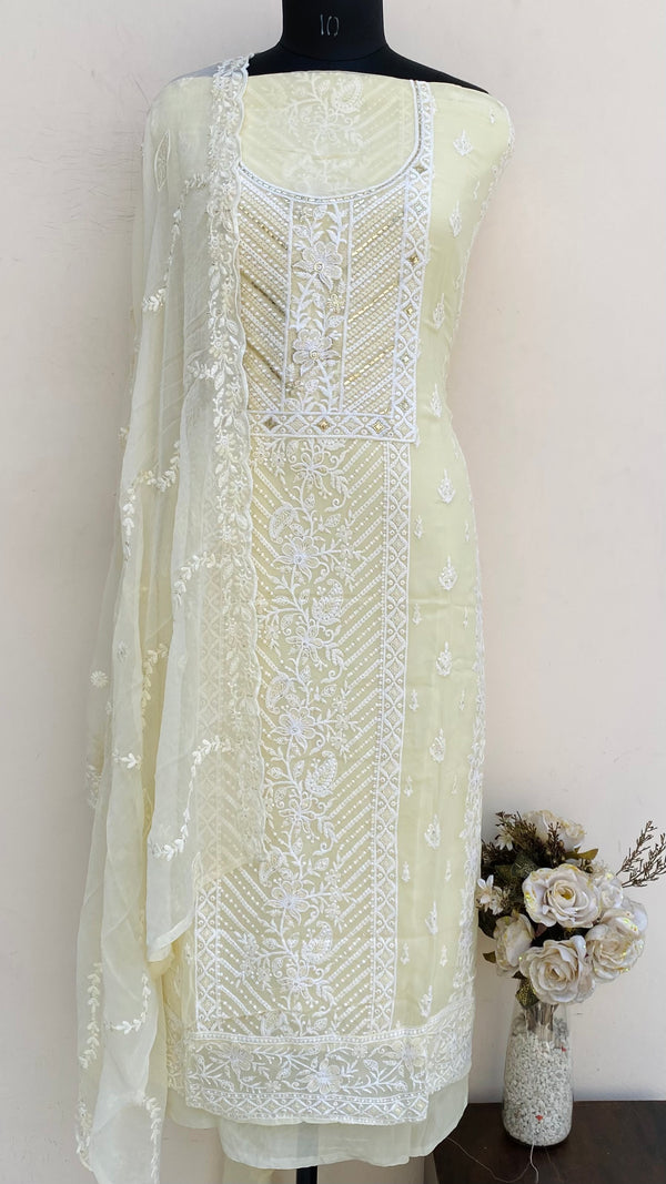 Chikankari Suit Length 3 Piece Cream Georgette With Sequence & Mukaish Work