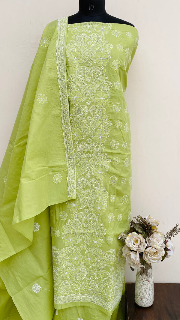 Lucknowi Chikankari Suit Length 3 Piece Mehndi Green Cotton With Embroidered Cotton Dupatta
