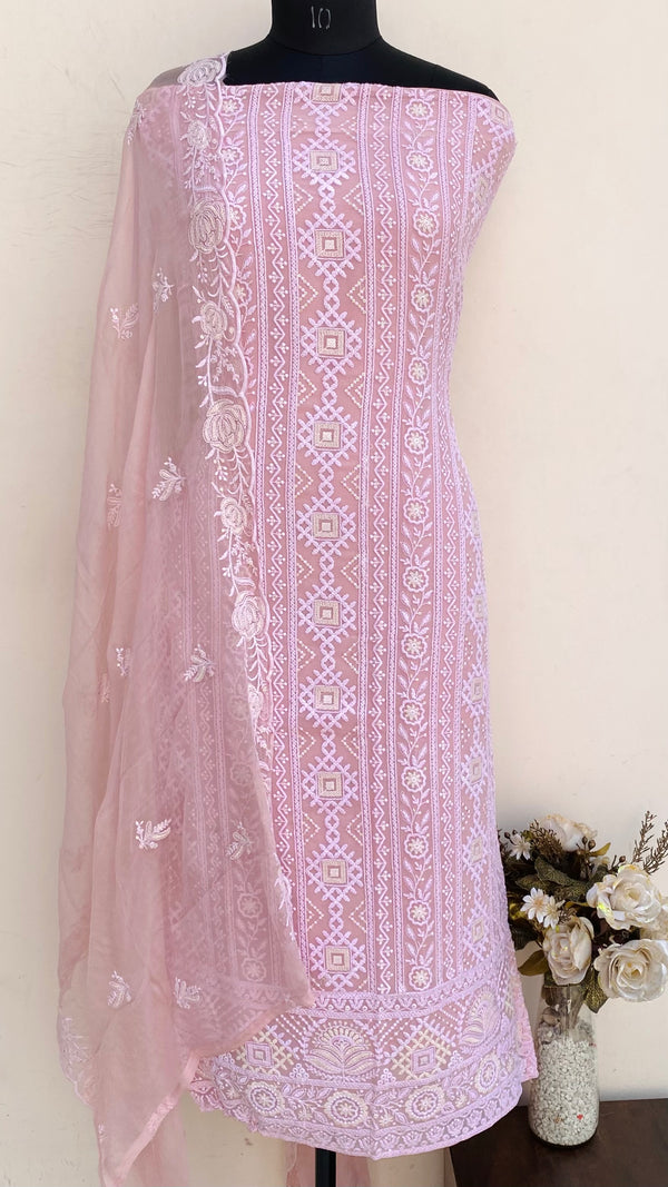 Chikankari Suit Length 3 Piece Pink Georgette With Sequence Work