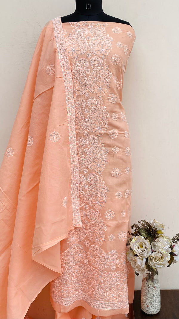 Lucknowi Chikankari Suit Length 3 Piece Peach Cotton With Embroidered Cotton Dupatta