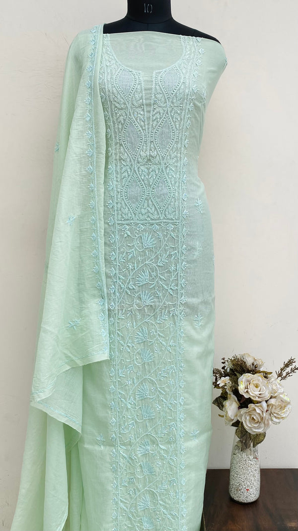 Lucknowi Chikankari Suit Length 2 Piece Green Mal Chanderi With Cutdana & Sequence Work