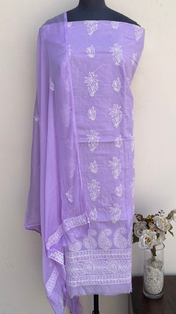 Lucknowi Chikankari Suit Length 3 Piece Purple Cotton With Embroidered Chiffon Dupatta