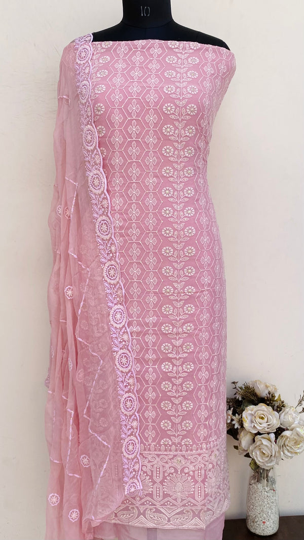 Chikankari Suit Length 3 Piece Pink Georgette With Sequence Work