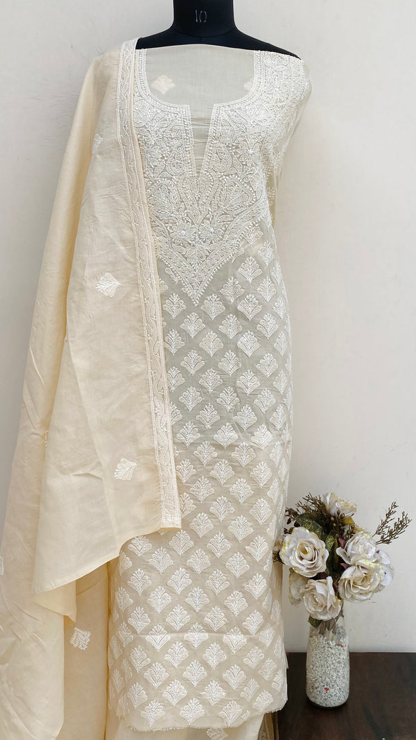 Lucknowi Chikankari Suit Length 3 Piece Beige Cotton With Embroidered Cotton Dupatta