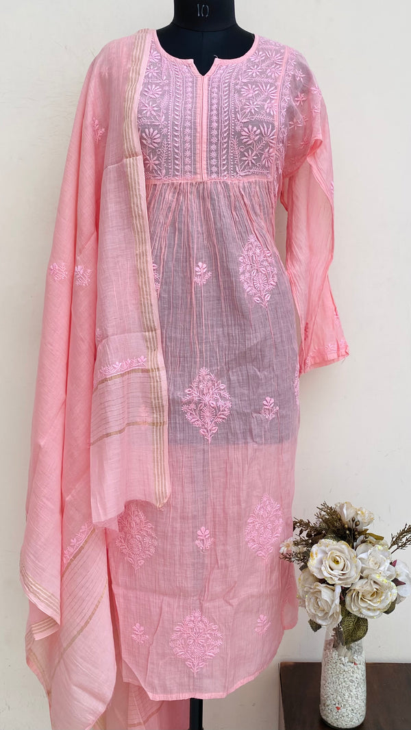 Lucknowi Chikankari Semi-Stitched Suit Length 2 Piece Pink Mal Chanderi