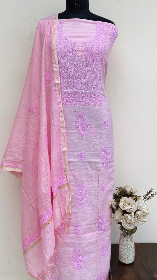 Lucknowi Chikankari Suit Length 2 Piece Pink Mal Chanderi With Pearl & Sequence Work