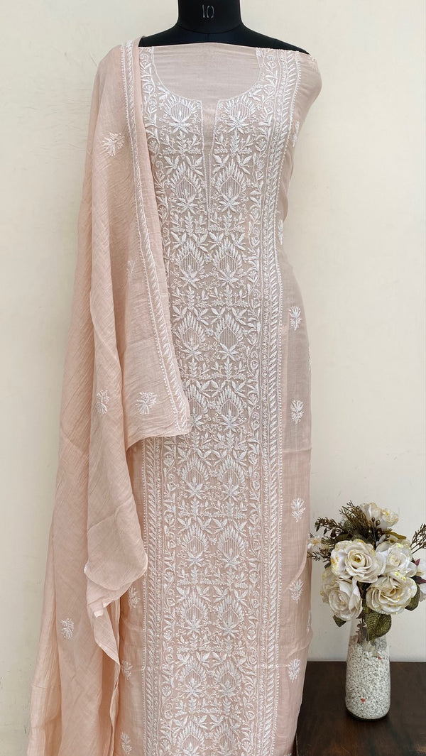 Lucknowi Chikankari Suit Length 2 Piece Peach Mal Chanderi With Cutdana Work