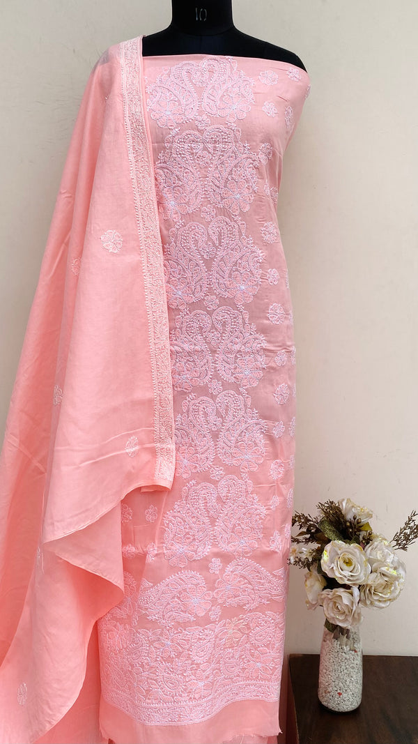 Lucknowi Chikankari Suit Length 3 Piece Peach Cotton With Embroidered Cotton Dupatta